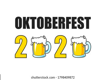 Oktoberfest concept. Text with mug of beer isolated on white background. Design for holiday greeting card, invitation, flyers, posters, banner, web page, fabric, brochures.