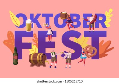 Oktoberfest Concept. Tiny Characters in German Costumes Eating and Drinking Traditional Beer and Food Walking around Huge Wooden Barrel Poster Banner Flyer Brochure. Cartoon Flat Vector Illustration