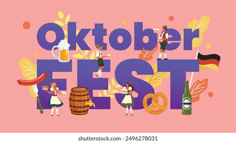 Oktoberfest concept with tiny characters in german costumes.  Cartoon Flat Vector Illustration