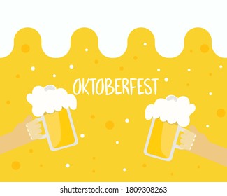 Oktoberfest concept: Two hands hold mugs of cold beer for celebrate together.