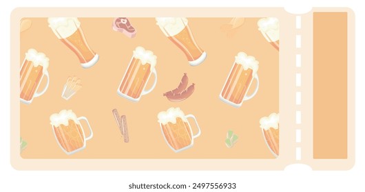 Oktoberfest coupon template with beer glasses and appetizers and snacks placed randomly on the template, vector	