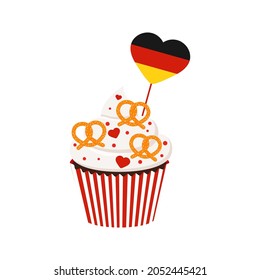 Oktoberfest cupcake with german flag and pretzel food isolated on white background. Cute sweets food - icing muffin with heart shape flag. Flat design cartoon style dessert vector illustration.