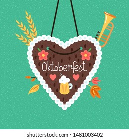 Oktoberfest cute gingerbread heart design. Childish print for cards, party invitations and nursery decoration. Vector Illustration