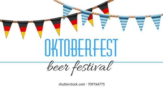 Oktoberfest decoration. Beer festival decorated in traditional colors of the German and Bavarian flags. Garlands with a blue-white checkered pattern and German tricolor. Vector illustration