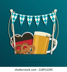 oktoberfest decoration with bunting, german flag, beer and pretzels, with copy space and transparencies