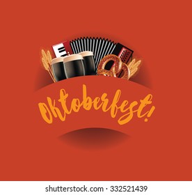 Oktoberfest design with accordion, beer, pretzel and wheat. EPS 10 vector illustration for greeting card, ad, marketing, web page, wallpaper, social media