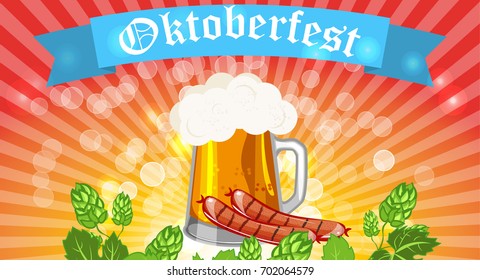 Oktoberfest design background beer festival vector banner bavarian design illustration. German text Oktoberfest traditional label hop template.