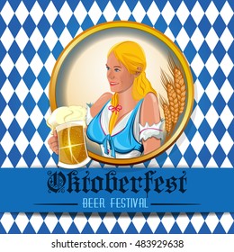 Oktoberfest design with beautiful, cute girl with a beer glass in hand. Beer Festival. Vector illustration