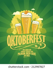 Oktoberfest design with beer and hope on a retro style green rays background.