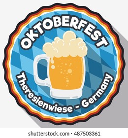 Oktoberfest design decorated with Bavaria and German colors in in a round button and frothy beer in flat style and long shadow.