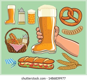 Oktoberfest design elements, beer boot glas, beer stein mug, and a basket of food and beverage