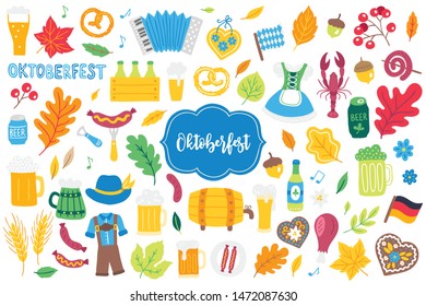 Oktoberfest design elements - beer, sausage, meat, gingerbread, dirndl, pretzel, flag, oak, maple leaves, barrel, mug, hat, acorn, berry, hop, music, accordion isolated on white background