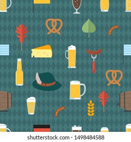 Oktoberfest design elements set. Beer mugs, barrel, pretzel, bottle, hat with feather, roasted chicken, fork with sausage, leaf, roast pork leg. Isolated on white background