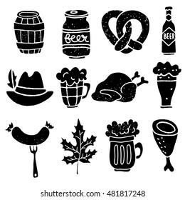 Oktoberfest design elements set. Beer mugs, barrel, pretzel, bottle, hat with feather, roasted chicken, fork with sausage, leaf, roast pork leg. Isolated on white background