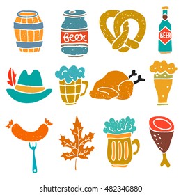 Oktoberfest design elements set. Beer mugs, barrel, pretzel, bottle, hat with feather, roasted chicken, fork with sausage, leaf, roast pork leg. Isolated on white background