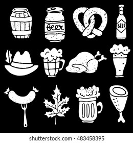 Oktoberfest design elements set. Beer mugs, barrel, pretzel, bottle, hat with feather, roasted chicken, fork with sausage, leaf, roast pork leg. Isolated on black background