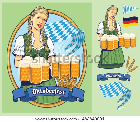 Oktoberfest design, Lady in Dirndl serving big beers.
Designed for poster, invitations, backdrop or logo