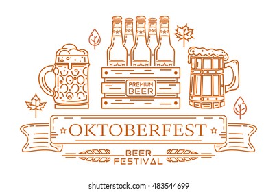 Oktoberfest design. Line icons and lettering for Oktoberfest. Beer festival. Vector illustration