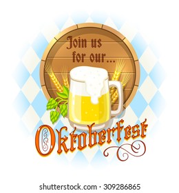 Oktoberfest design with mug of beer, wooden barrel, barley spikes and hops on blue and white diamonds background. Vector illustration.