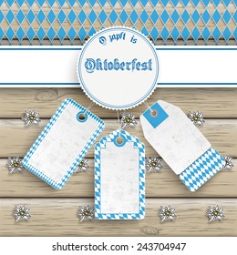 Oktoberfest design on the wooden background. German text "OÂ´zapft is" and "Oktoberfest", translate "on tap" and "Oktoberfest". Eps 10 vector file.