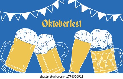 Oktoberfest design template. Different beer mugs, glasses and decorations. Hand drawn vector sketch illustration