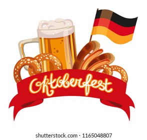 Oktoberfest design. Vector oktoberfest label, oktoberfest food icon, celebration illustration with text and ribbon isolated on white background. German composition with beer, wurst and pretzel.