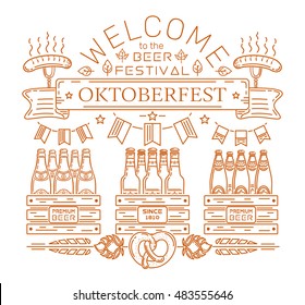 Oktoberfest design. Welcome to the beer festival. Premium beer. Line icons and lettering for Oktoberfest. Vector illustration