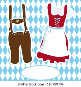 Oktoberfest - dirndl and lederhosen on Bavarian flag with copy space