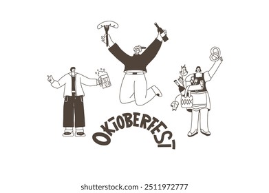 Oktoberfest doodle emblem. Beer festival people and lettering label. Vector hand drawn illustration on white background.