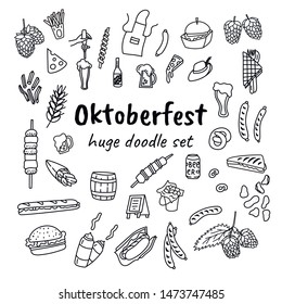 Oktoberfest doodle style hand drawn doodles. Cartoon glass of beer, can, bottle, apron, kebab, french fries, hop and other illustrations. Stock vector