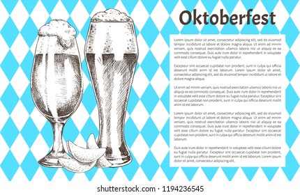 Oktoberfest drink poster with text sample, big full pilsner and tulip glass with foam and potato chips snack vintage hand drawn vector illustration.