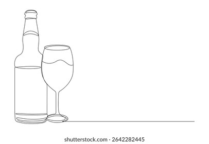 Oktoberfest Drinking concept continuous line art drawing, Wine Bottle and Glass Single-Line Drawing