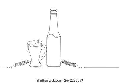 Oktoberfest Drinking concept continuous line art drawing, Wine Bottle and Glass Single-Line Drawing