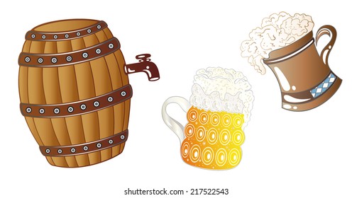 Oktoberfest drinks, beer barrel and beer jugs