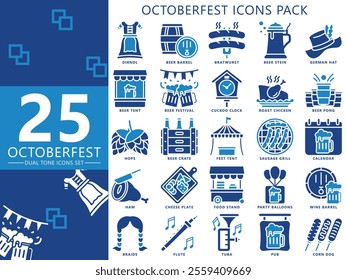 Oktoberfest dual tone icons pack, includes traditional Bavarian elements like beer barrels, bratwurst, accordions, beer tents, Pretzels, lights, meat, pipe, lederhosen, dirndls and more. vector EPS 10