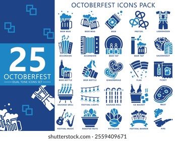 Oktoberfest dual tone icons pack, includes traditional Bavarian elements like beer barrels, bratwurst, accordions, beer tents, Pretzels, lights, meat, pipe, lederhosen, dirndls and more. vector EPS 10