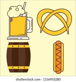 Oktoberfest element. Set of vector beer glass, barrel, hotdog flat illustration. Simple set of oktoberfest and minimal flat vector illustration. 