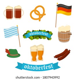 Oktoberfest elements beer festival. Germany octoberfest traditional alcohol party. Holiday pub decoration. October festive pretzel beer food fest. Oktoberfest beer bavarian food vector illustration.