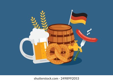 Oktoberfest Elementos con cerveza, salchichas, pan de jengibre y bandera alemana. Plantillas dibujadas a mano de dibujos animados planos. Ilustración vectorial 