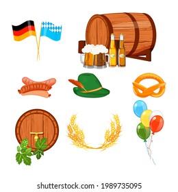 Oktoberfest elements isolated on white vector. Set of German design Bavarian glass alcohol festival traditional october sign.