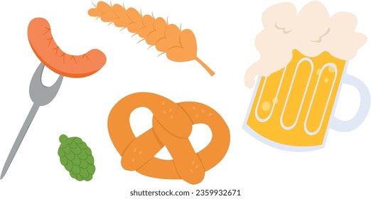 Oktoberfest elements set. Bavarian culture. Beer, pretzel and sausage 