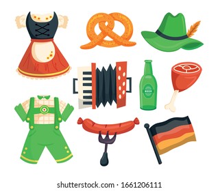 Oktoberfest elements set. German national costumes. Hat, pretzel, bottle, meat, sausage, flag, national costumes, accordion