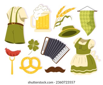 Oktoberfest elements set. Traditional german holiday and festival. Clothes for man and woman, glass with beer and pretzel, sausage. Cartoon flat vector collection isolated on white background