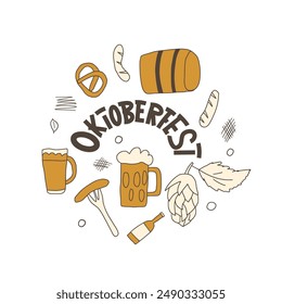 Oktoberfest emblem. Beer, bottles and pretzel with lettering. Beer festive label. Vector hand drawn illustration.