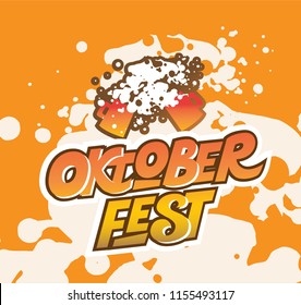 Oktoberfest emblem with beer mugs. Beer Festival vector banner. Vector illustration of Bavarian festival design. Lettering typography for logo, poster, card, postcard, menu. Vector illustration