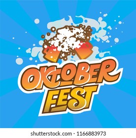 Oktoberfest emblem with beer mugs. Beer Festival vector banner. Vector illustration of Bavarian festival design. Lettering typography for logo, poster, card, postcard, menu. Vector illustration