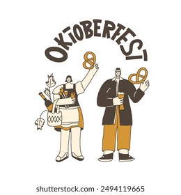 Oktoberfest emblem Characters in traditional costumes with lettering. Beer festive people square poster. Vector hand drawn illustration.