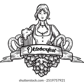 Oktoberfest emblem with girl and beer engraved illustration isolated on white background.