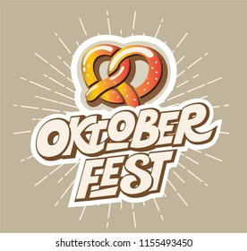 Oktoberfest emblem with pretzel. Beer Festival vector banner. Vector illustration of Bavarian festival design. Lettering typography for logo, poster, card, postcard, menu. Vector illustration