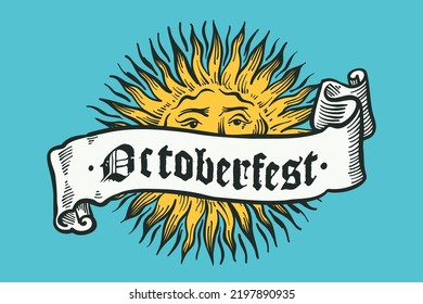 Oktoberfest emblem with Sun and ribbon, hand drawn engraving style illustration. Perfect for beer festival invitations, vintage labels, brewery posters, bars t-shirts, sketch style banners.